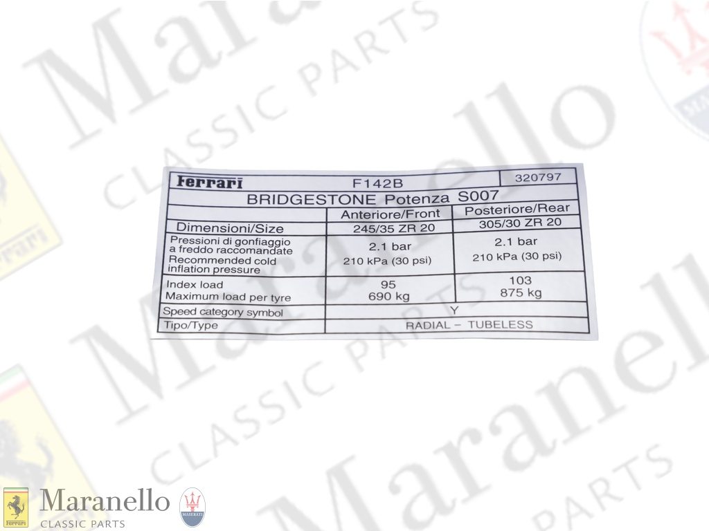 Tyre Pressure Label - Bridgestone 20 Tyres