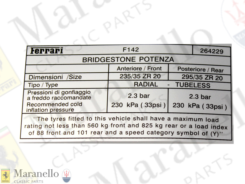 Tyre Pressure Label Bridgestone 20in Tyres